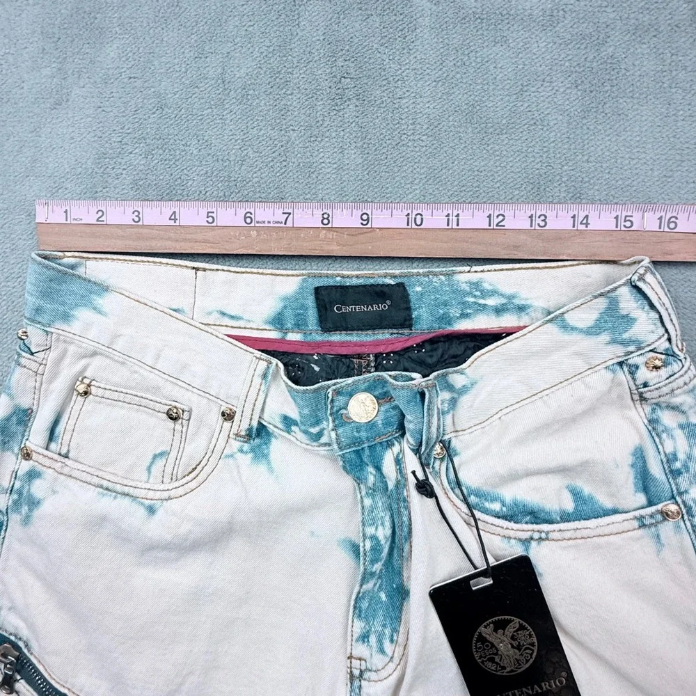 Centenario Mens Acid Wash Biker Jeans White Blue Studded Quilted 34x32 NWT